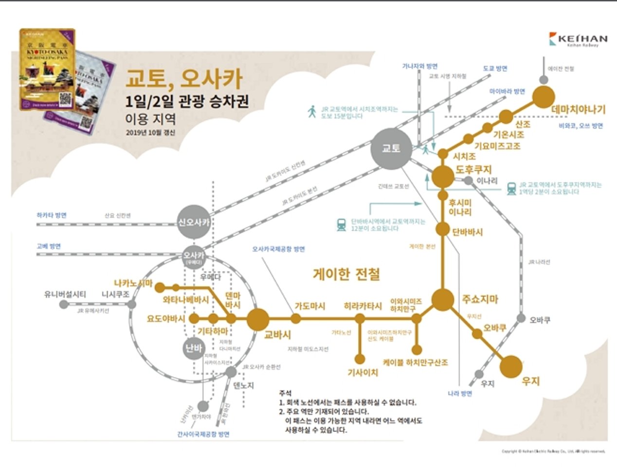 하나투어: [무료배송] 게이한 교토 오사카 관광 승차권(1/2일권), 오사카: 철도,교통패스